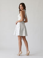 White Jacquard A-Line Halter Neckline Lace-Up Back Short Dress with Bow - Curvevia