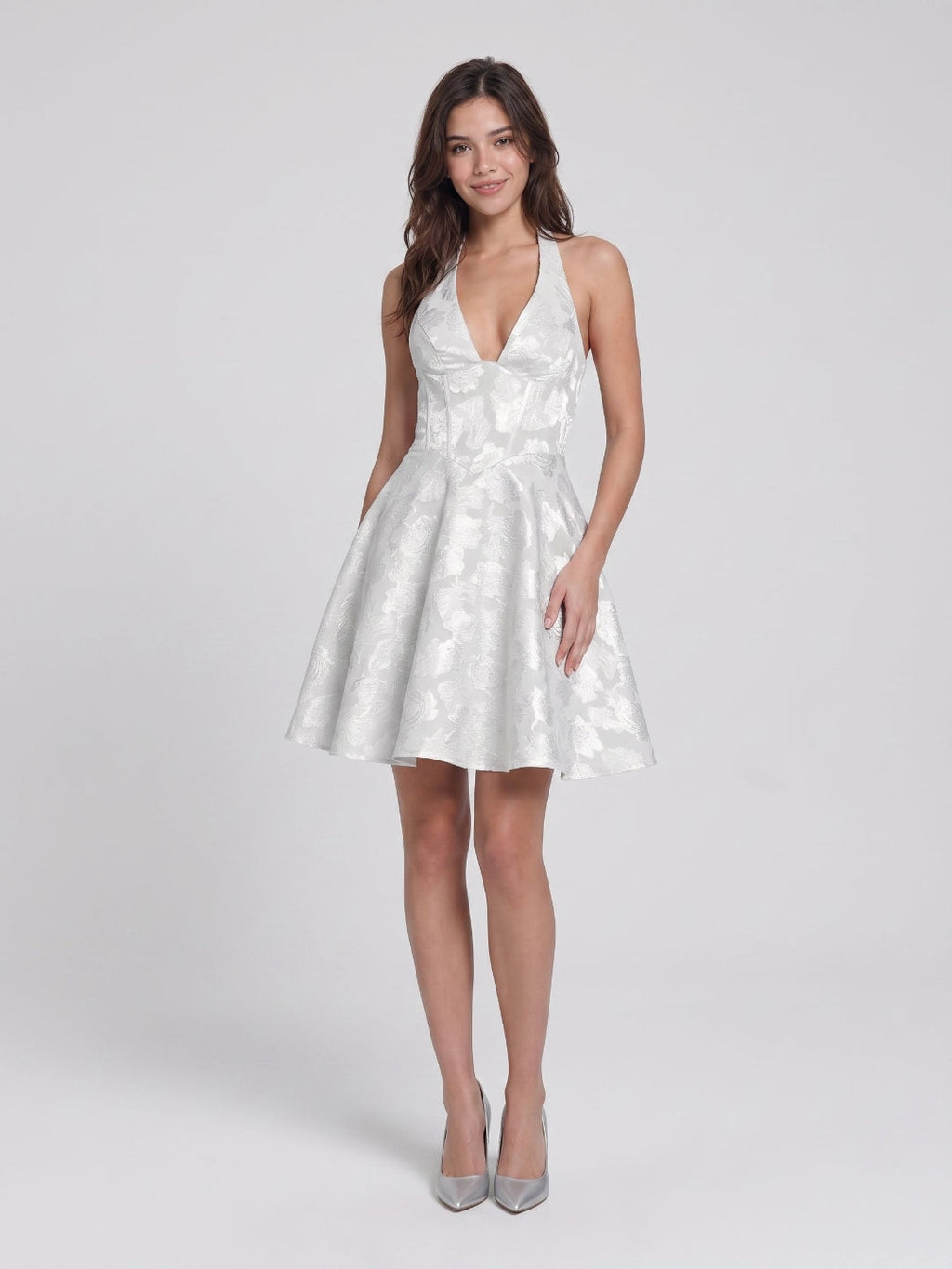 White Jacquard A-Line Halter Neckline Lace-Up Back Short Dress with Bow - Curvevia