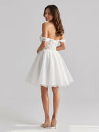 White Tull A-Line Off-the-Shoulder Criss-Cross Straps Mini Homecoming Dress with 3D Flowers - Curvevia