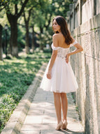 White Tull A-Line Off-the-Shoulder Criss-Cross Straps Mini Homecoming Dress with 3D Flowers - Curvevia