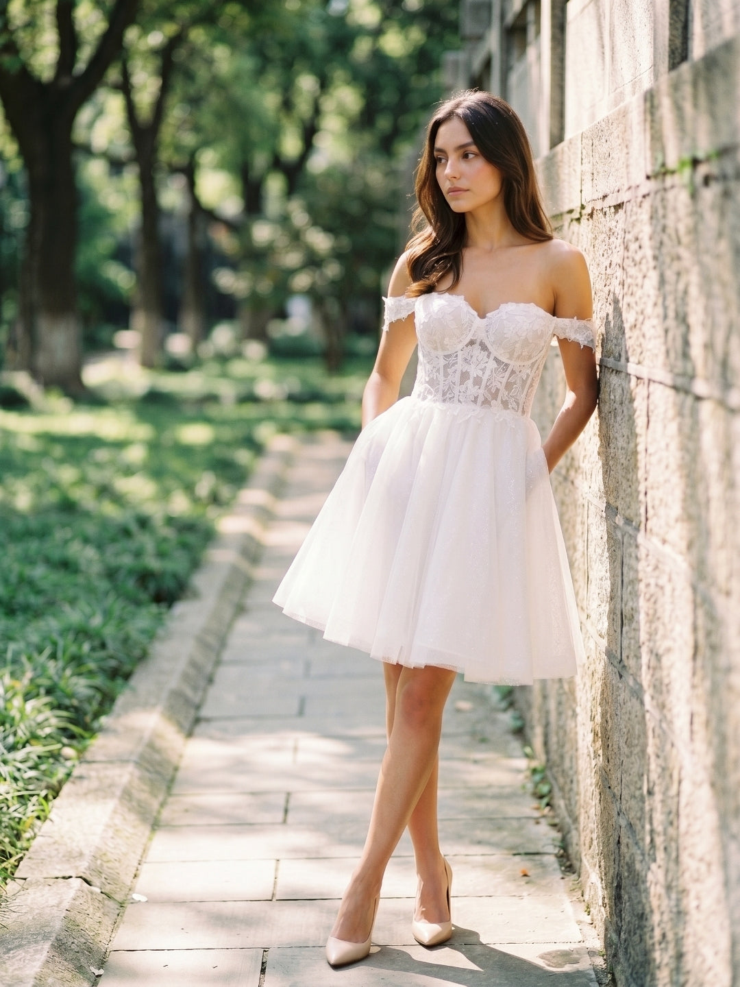 White Tull A-Line Off-the-Shoulder Criss-Cross Straps Mini Homecoming Dress with 3D Flowers - Curvevia