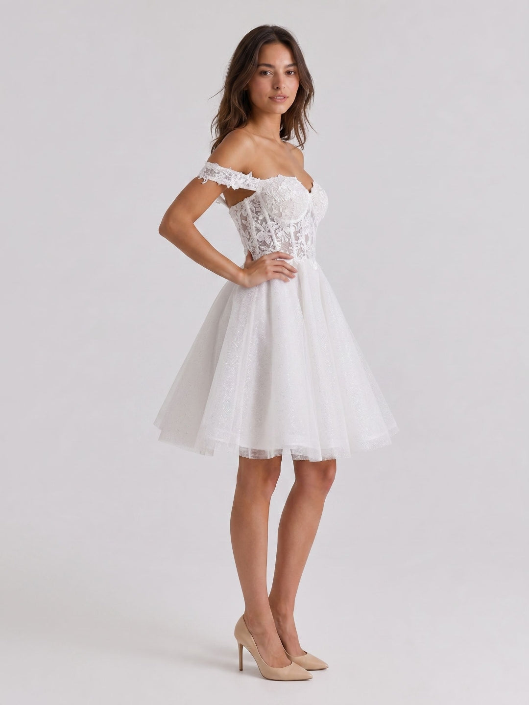 White Tull A-Line Off-the-Shoulder Criss-Cross Straps Mini Homecoming Dress with 3D Flowers - Curvevia