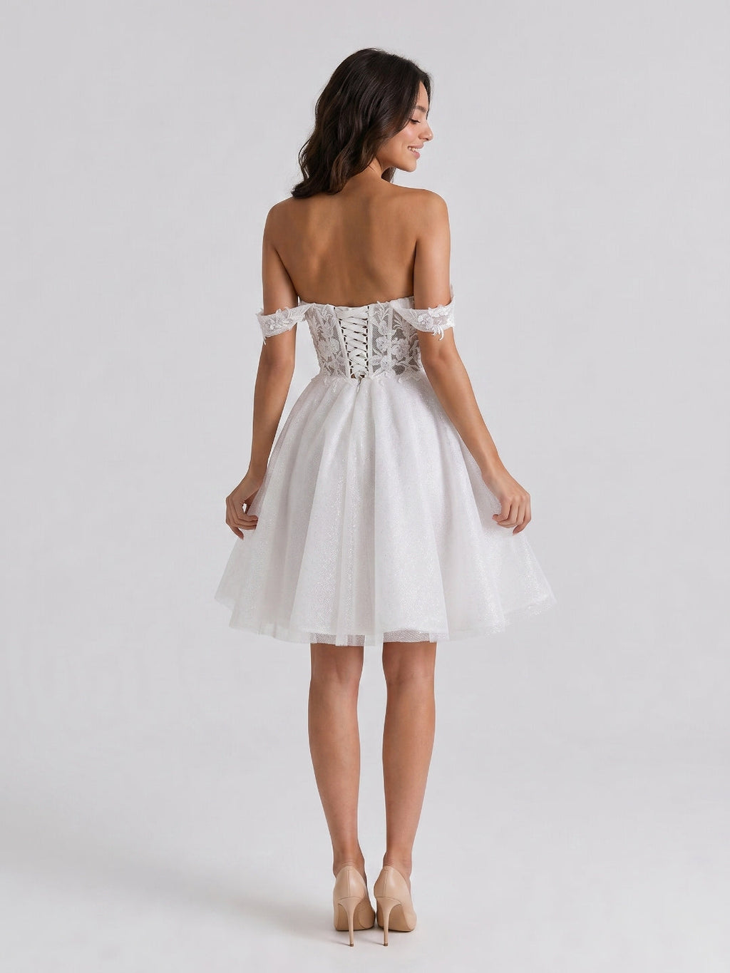 White Tull A-Line Off-the-Shoulder Criss-Cross Straps Mini Homecoming Dress with 3D Flowers - Curvevia