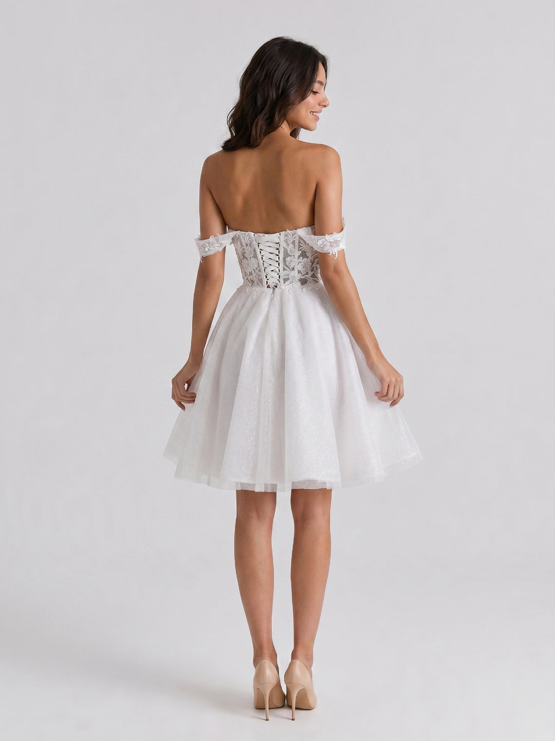 White Tull A-Line Off-the-Shoulder Criss-Cross Straps Mini Homecoming Dress with 3D Flowers - Curvevia