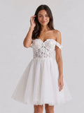 White Tull A-Line Off-the-Shoulder Criss-Cross Straps Mini Homecoming Dress with 3D Flowers - Curvevia