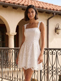 White Lace A-Line Square Neck Back Zip Short Dress - Curvevia
