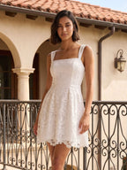 White Lace A-Line Square Neck Back Zip Short Dress - Curvevia