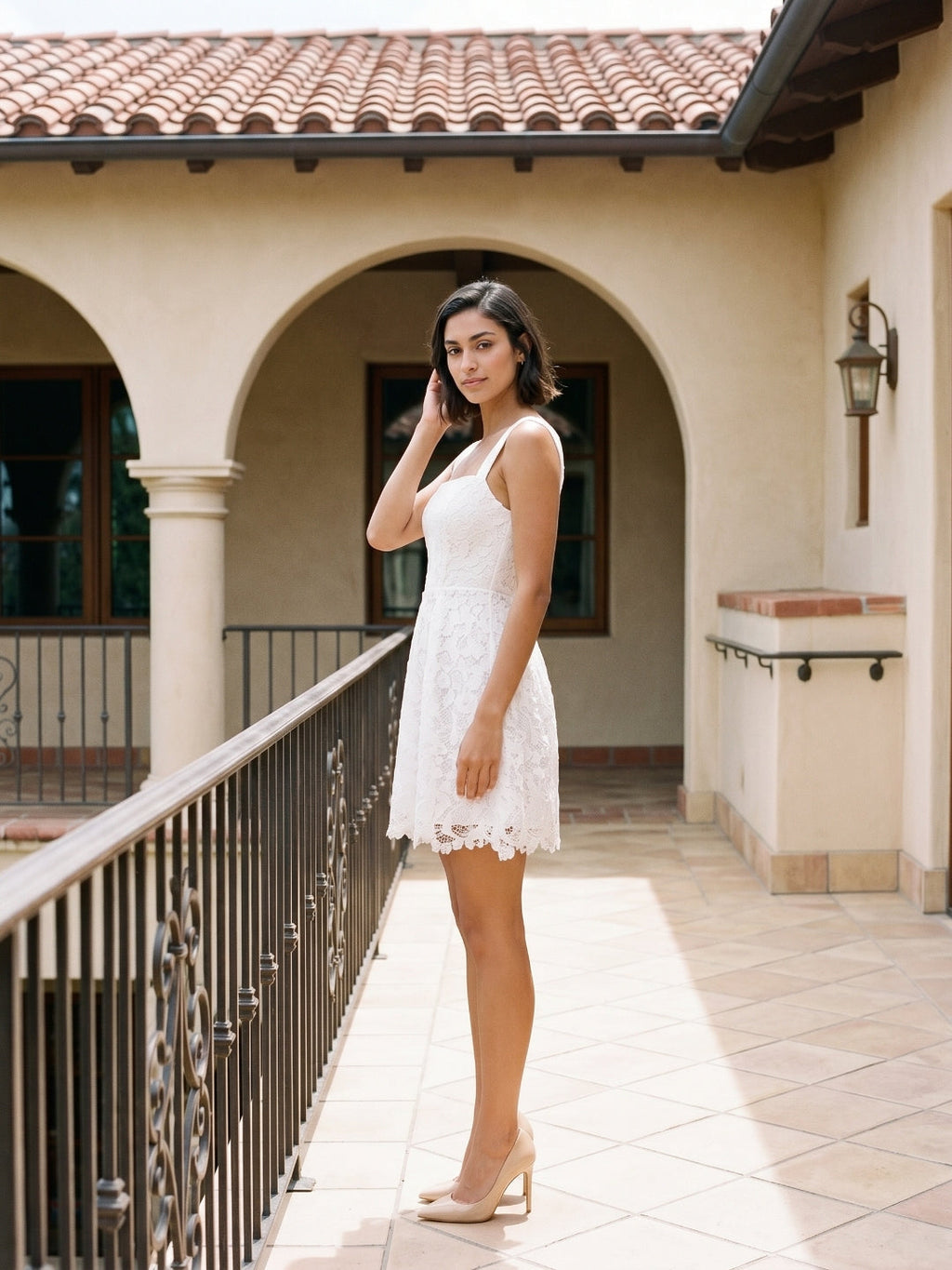 White Lace A-Line Square Neck Back Zip Short Dress - Curvevia