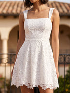 White Lace A-Line Square Neck Back Zip Short Dress - Curvevia