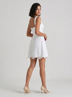 White Lace A-Line Square Neck Back Zip Short Dress - Curvevia
