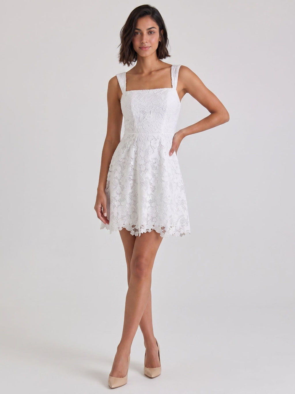 White Lace A-Line Square Neck Back Zip Short Dress - Curvevia