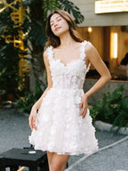 White Lace A-Line Sweetheart Criss-Cross Straps Mini Homecoming Dress with 3D Flowers - Curvevia