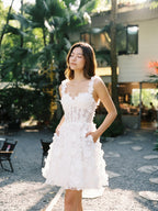 White Lace A-Line Sweetheart Criss-Cross Straps Mini Homecoming Dress with 3D Flowers - Curvevia