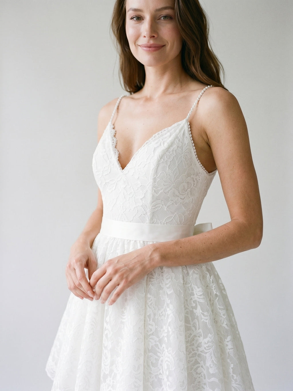White Lace A-Line V-Neck Backless Short Homecoming Dress with Bow - Curvevia