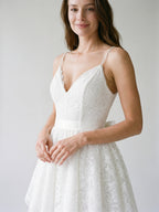 White Lace A-Line V-Neck Backless Short Homecoming Dress with Bow - Curvevia