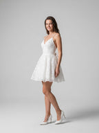 White Lace A-Line V-Neck Backless Short Homecoming Dress with Bow - Curvevia