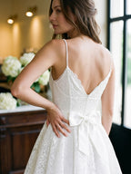 White Lace A-Line V-Neck Backless Short Homecoming Dress with Bow - Curvevia