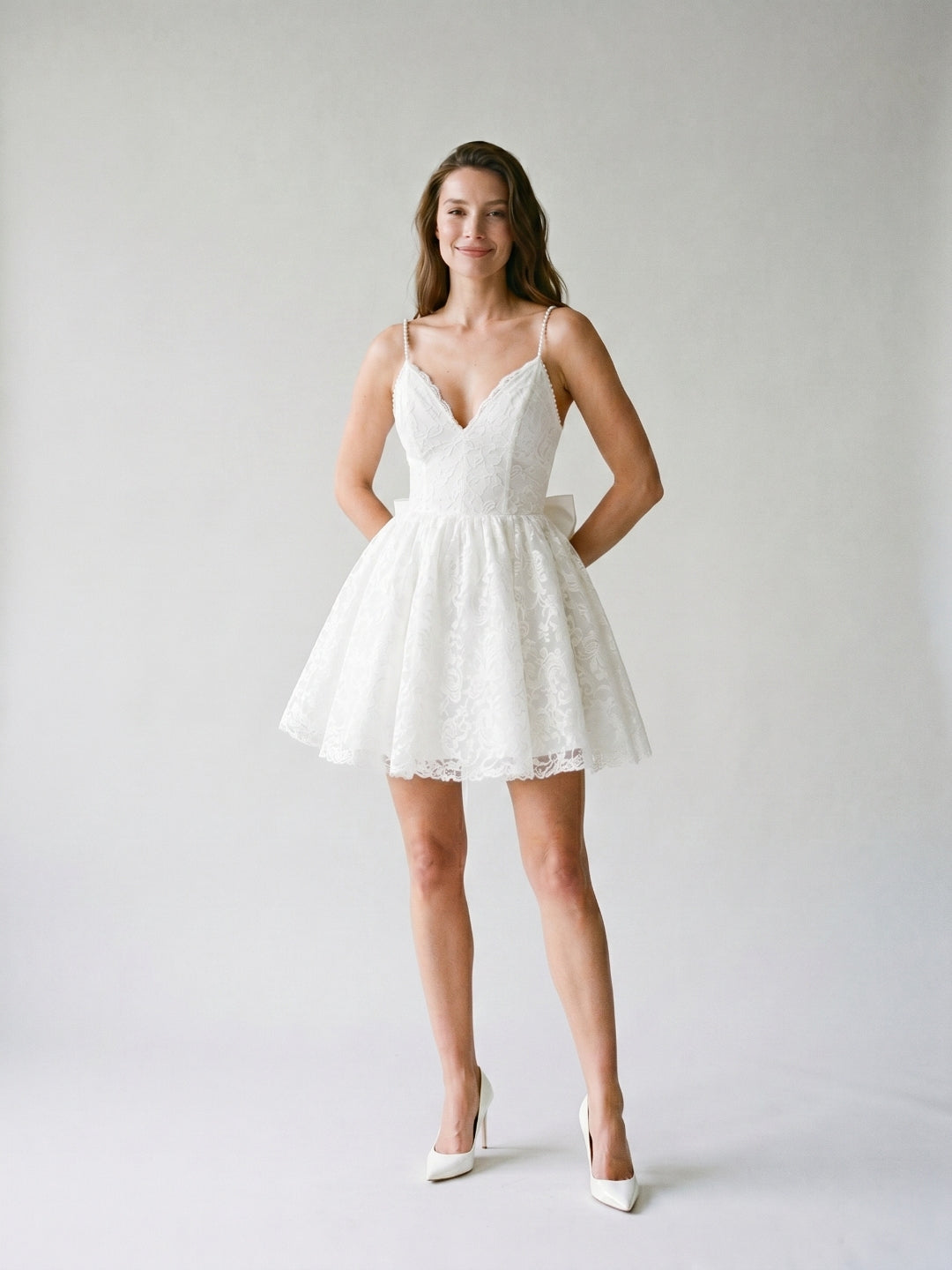 White Lace A-Line V-Neck Backless Short Homecoming Dress with Bow - Curvevia