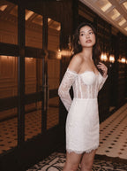 White Lace Column Sweetheart Illusion Mini Homecoming Dress - Curvevia