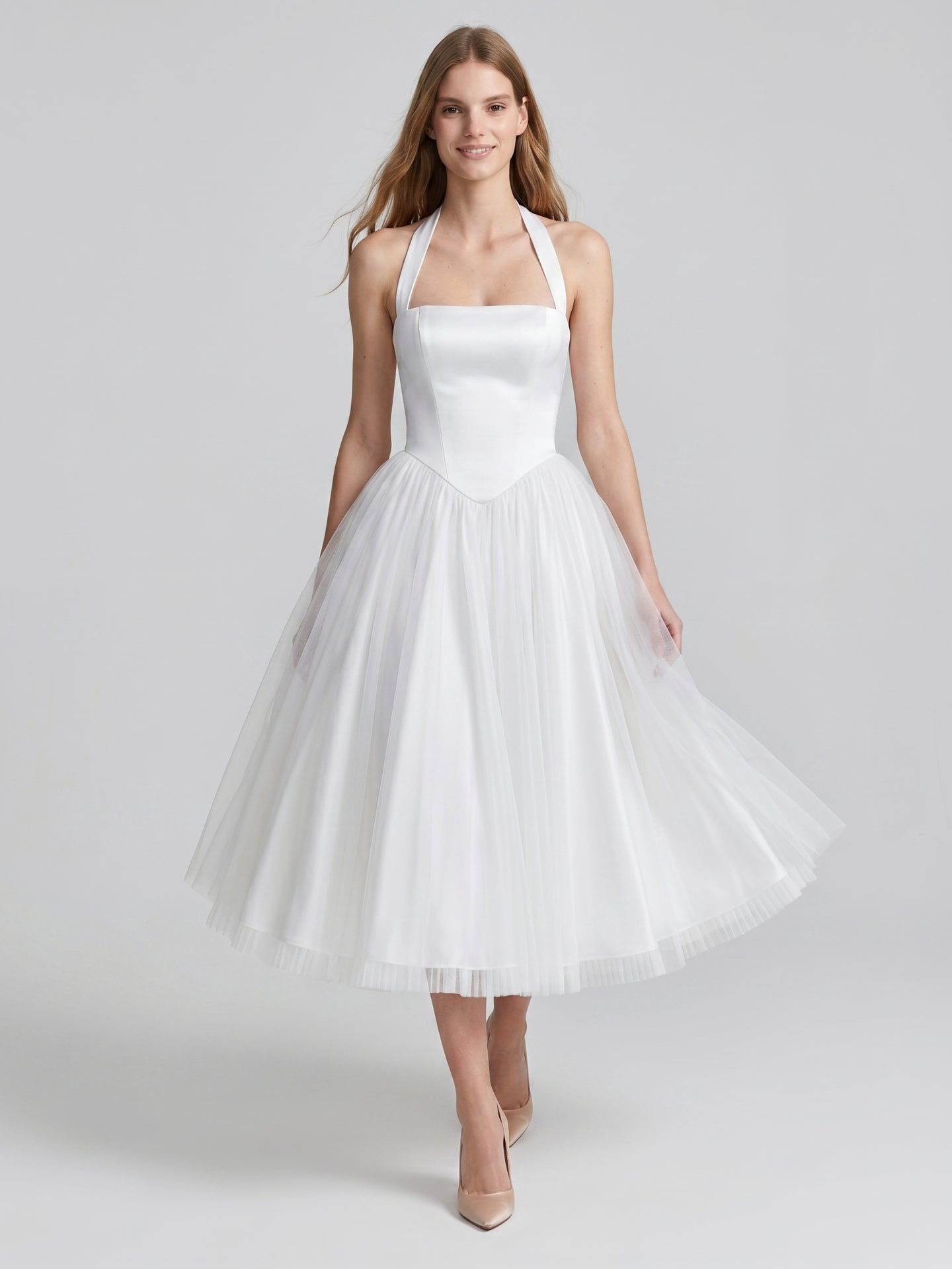 White Matte Satin A-Line Halter Backless Tea-Length Bridesmaid Dress with Pleats - Curvevia