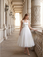 White Matte Satin A-Line Halter Backless Tea-Length Bridesmaid Dress with Pleats - Curvevia