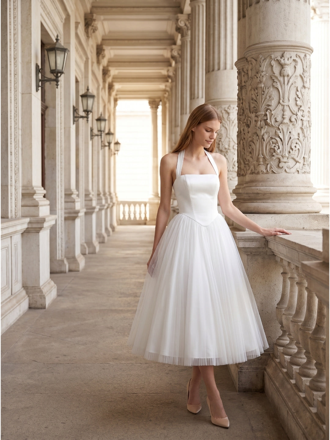 White Matte Satin A-Line Halter Backless Tea-Length Bridesmaid Dress with Pleats - Curvevia