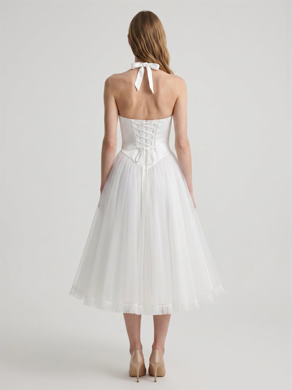 White Matte Satin A-Line Halter Backless Tea-Length Bridesmaid Dress with Pleats - Curvevia