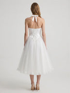 White Matte Satin A-Line Halter Backless Tea-Length Bridesmaid Dress with Pleats - Curvevia