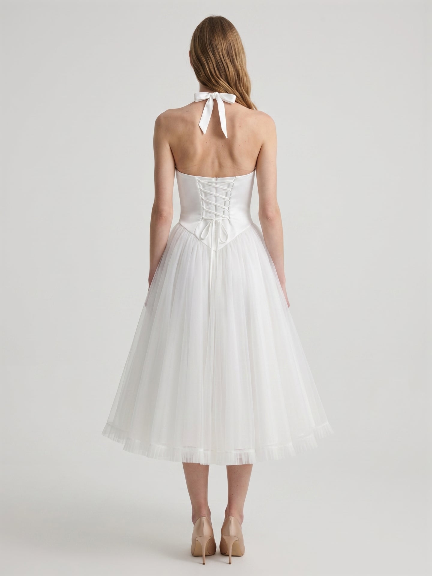 White Matte Satin A-Line Halter Backless Tea-Length Bridesmaid Dress with Pleats - Curvevia