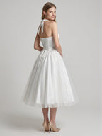 White Matte Satin A-Line Halter Backless Tea-Length Bridesmaid Dress with Pleats - Curvevia