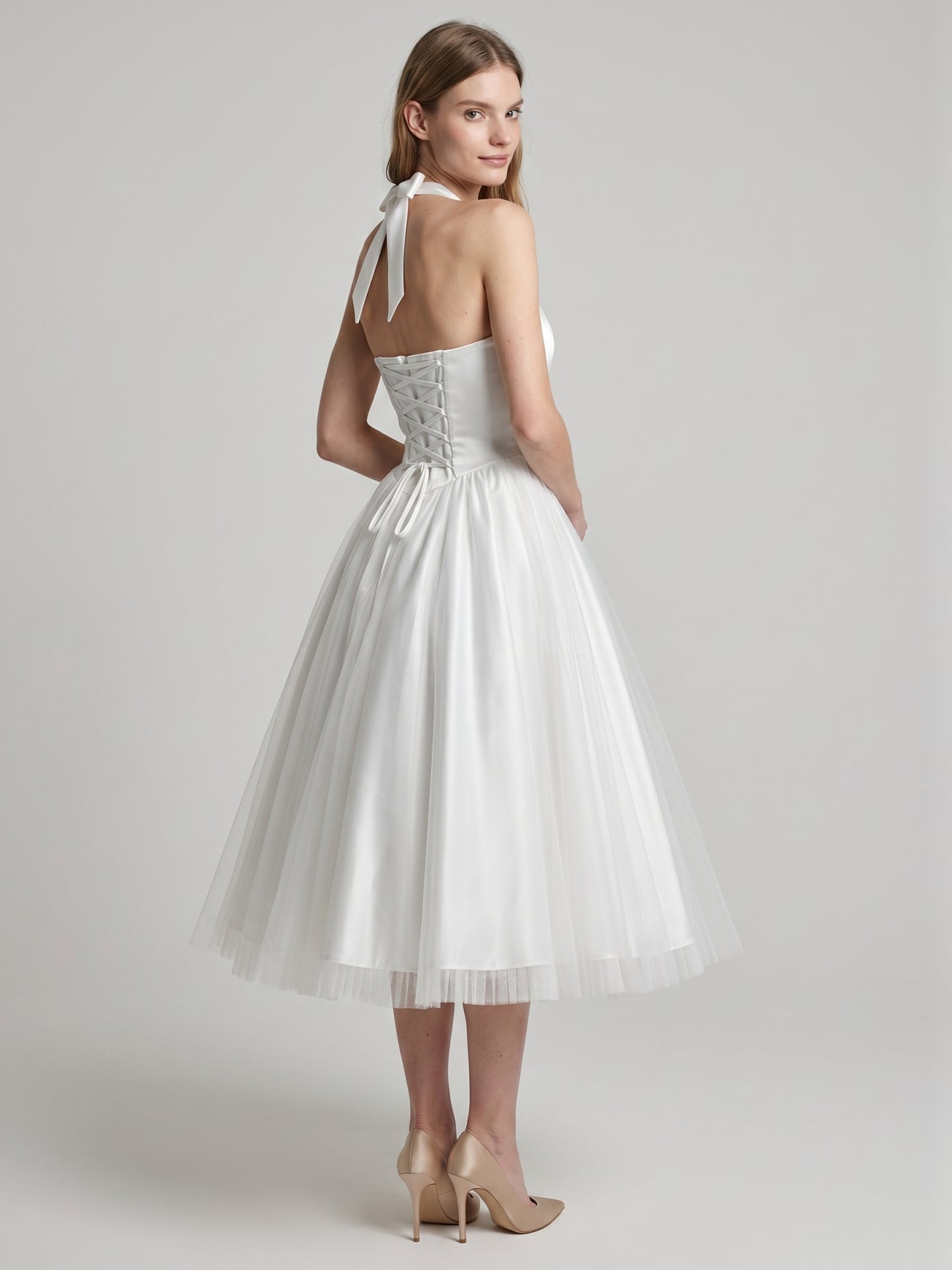 White Matte Satin A-Line Halter Backless Tea-Length Bridesmaid Dress with Pleats - Curvevia