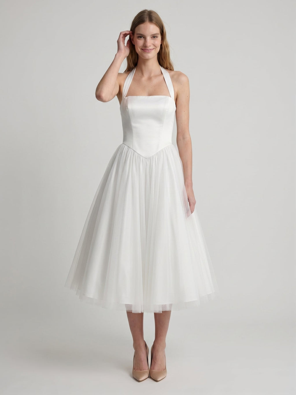 White Matte Satin A-Line Halter Backless Tea-Length Bridesmaid Dress with Pleats - Curvevia