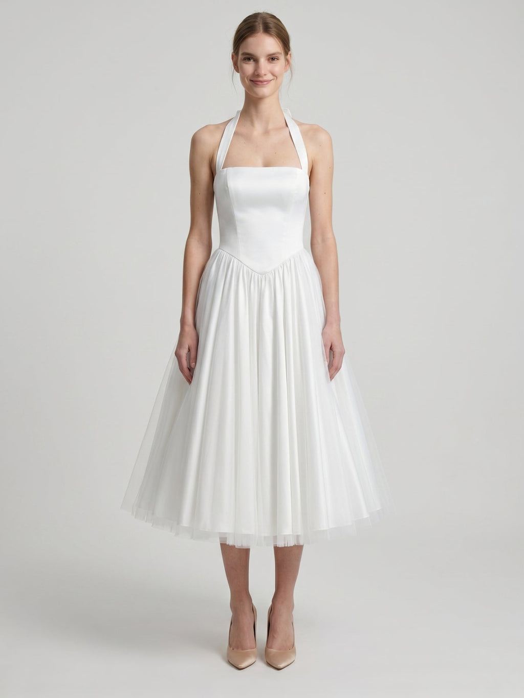 White Matte Satin A-Line Halter Backless Tea-Length Bridesmaid Dress with Pleats - Curvevia
