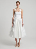 White Matte Satin A-Line Halter Backless Tea-Length Bridesmaid Dress with Pleats - Curvevia