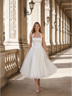 White Matte Satin A-Line Halter Backless Tea-Length Bridesmaid Dress with Pleats - Curvevia