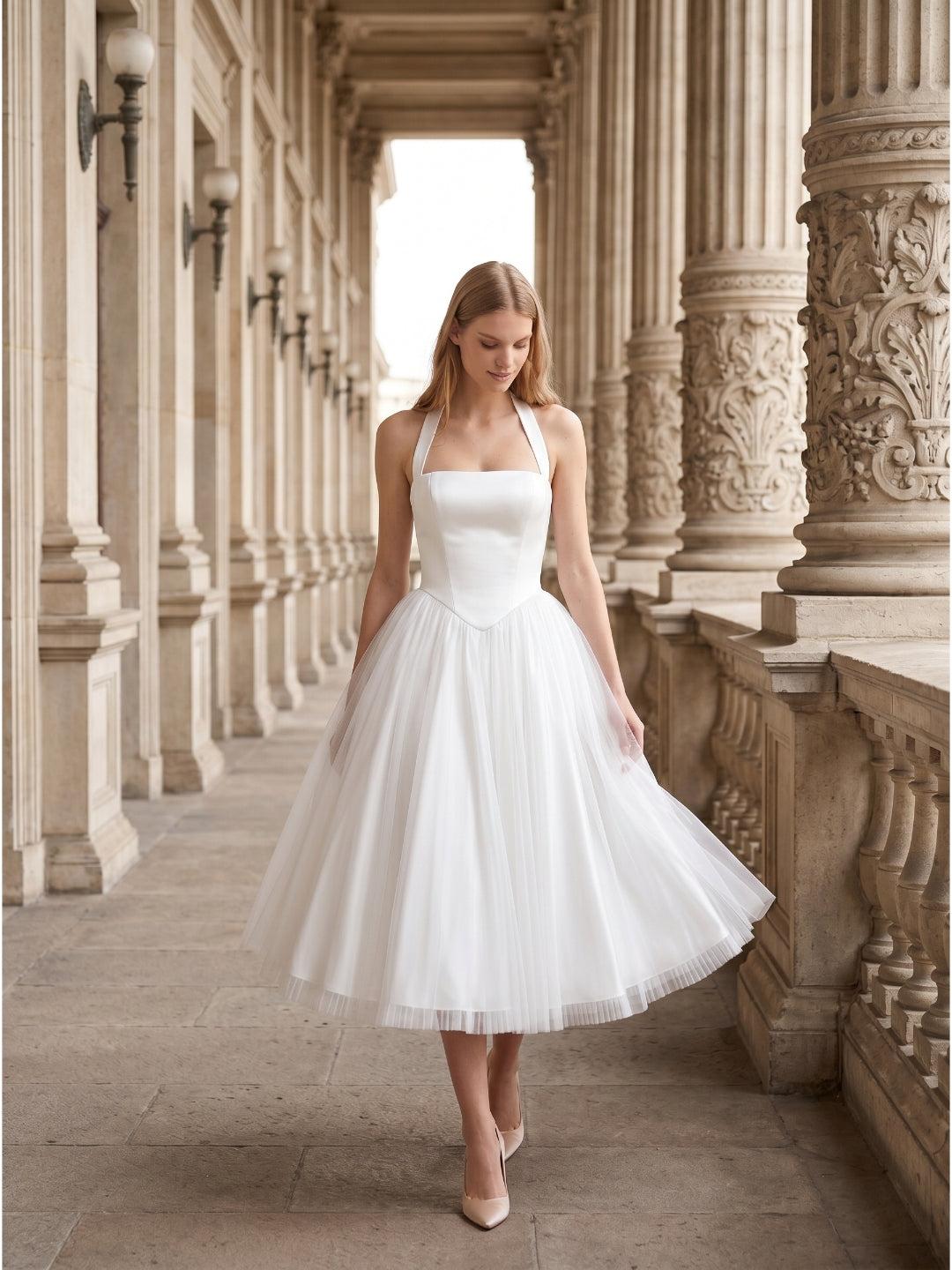 White Matte Satin A-Line Halter Backless Tea-Length Bridesmaid Dress with Pleats - Curvevia