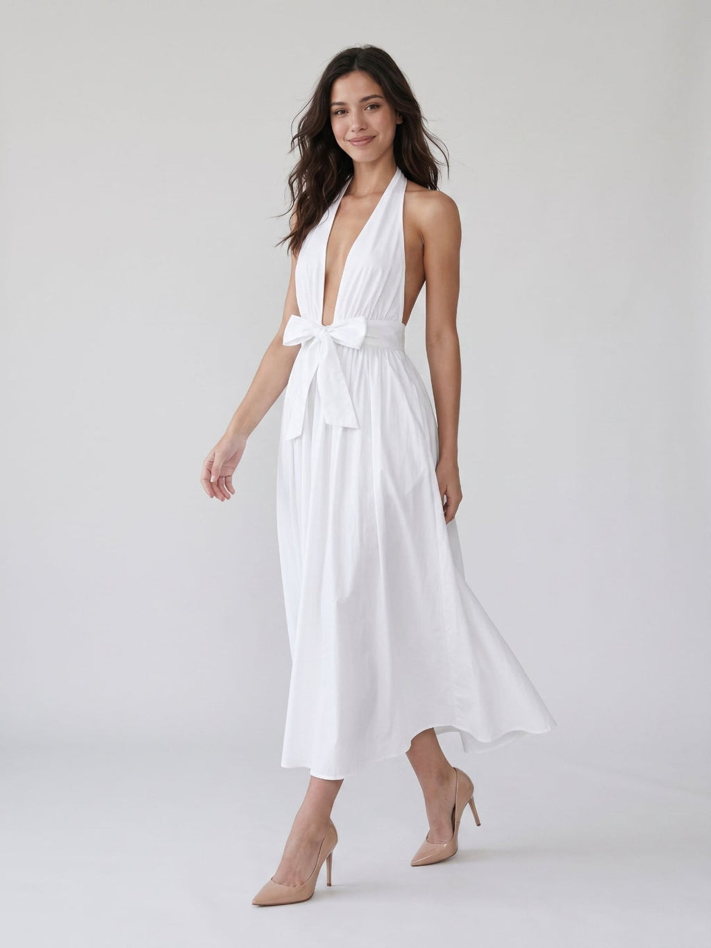 White Matte Satin A-Line Halter Neckline Backless Ankle-Length Dress - Curvevia
