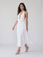 White Matte Satin A-Line Halter Neckline Backless Ankle-Length Dress - Curvevia