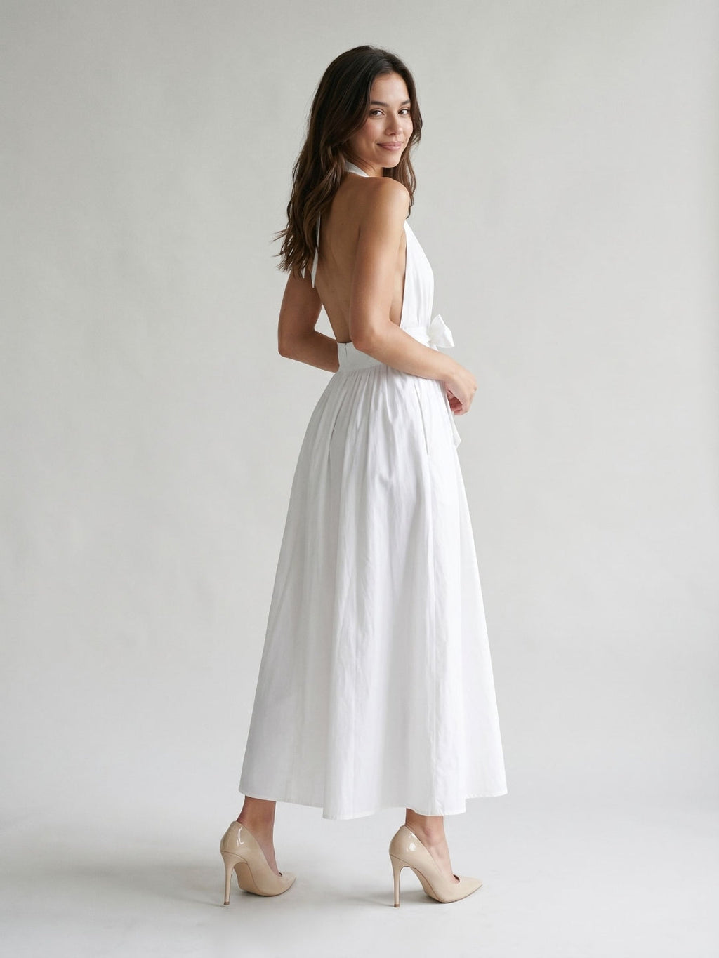 White Matte Satin A-Line Halter Neckline Backless Ankle-Length Dress - Curvevia