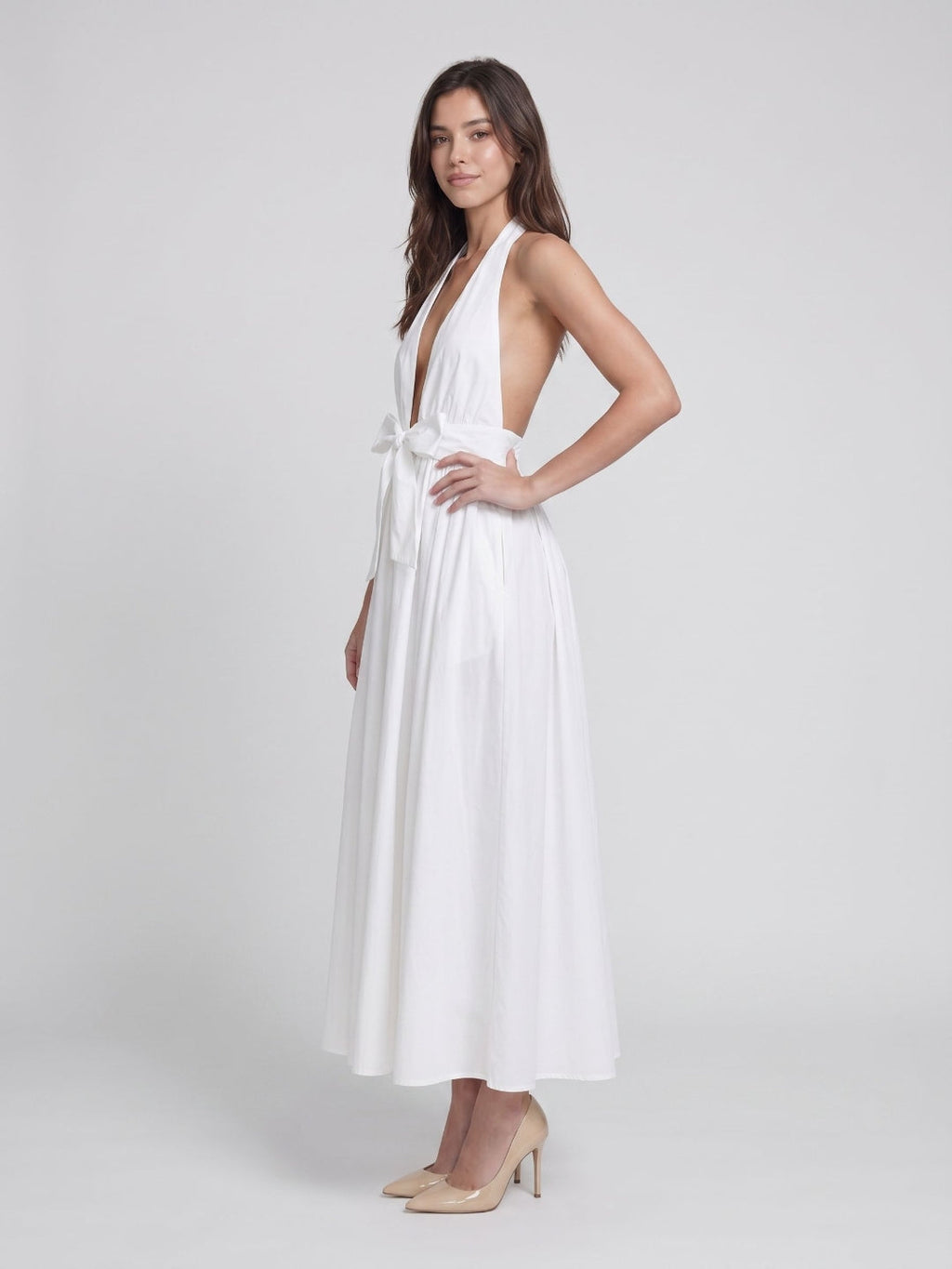 White Matte Satin A-Line Halter Neckline Backless Ankle-Length Dress - Curvevia