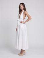 White Matte Satin A-Line Halter Neckline Backless Ankle-Length Dress - Curvevia