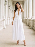 White Matte Satin A-Line Halter Neckline Backless Ankle-Length Dress - Curvevia