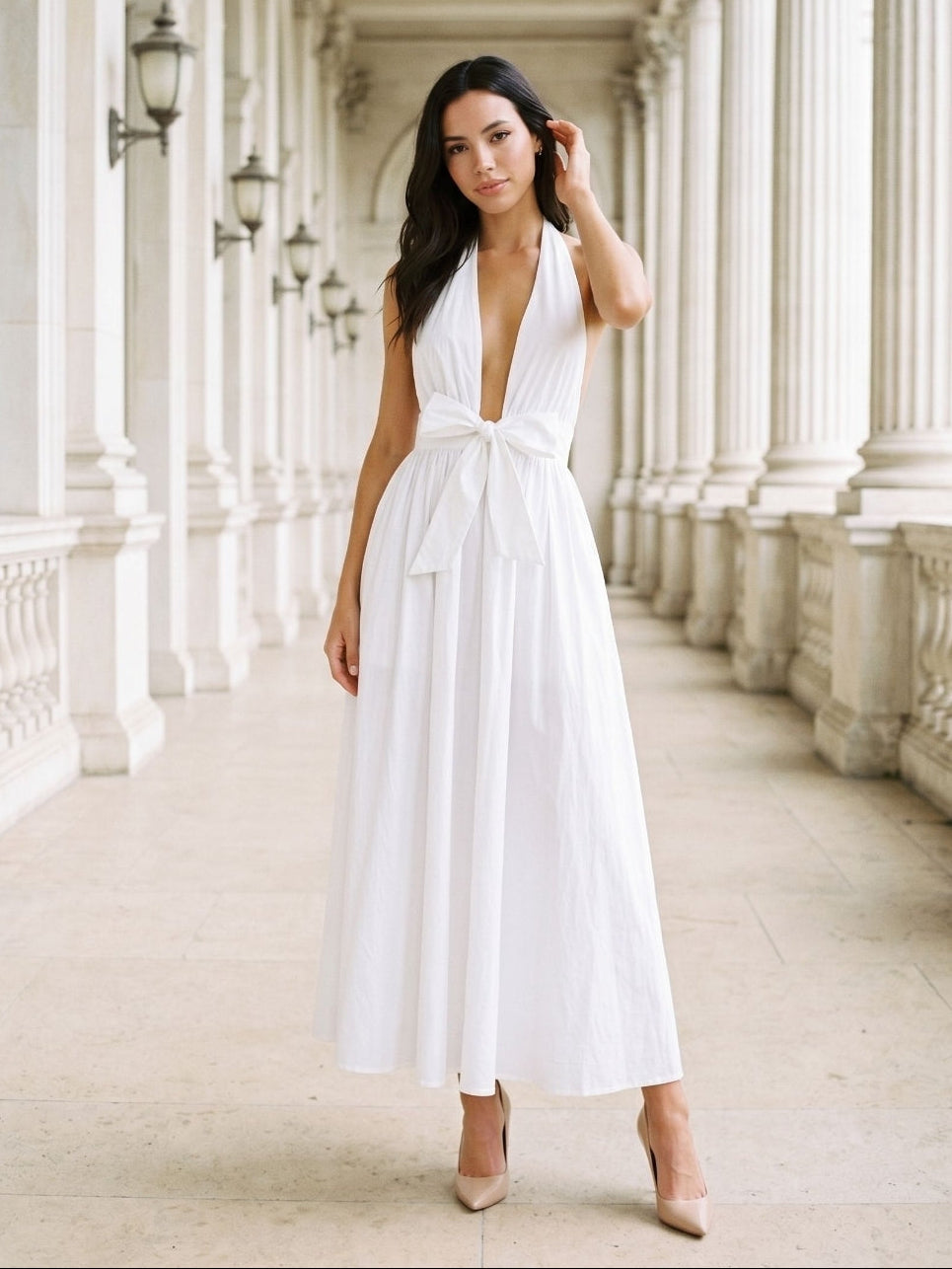 White Matte Satin A-Line Halter Neckline Backless Ankle-Length Dress - Curvevia