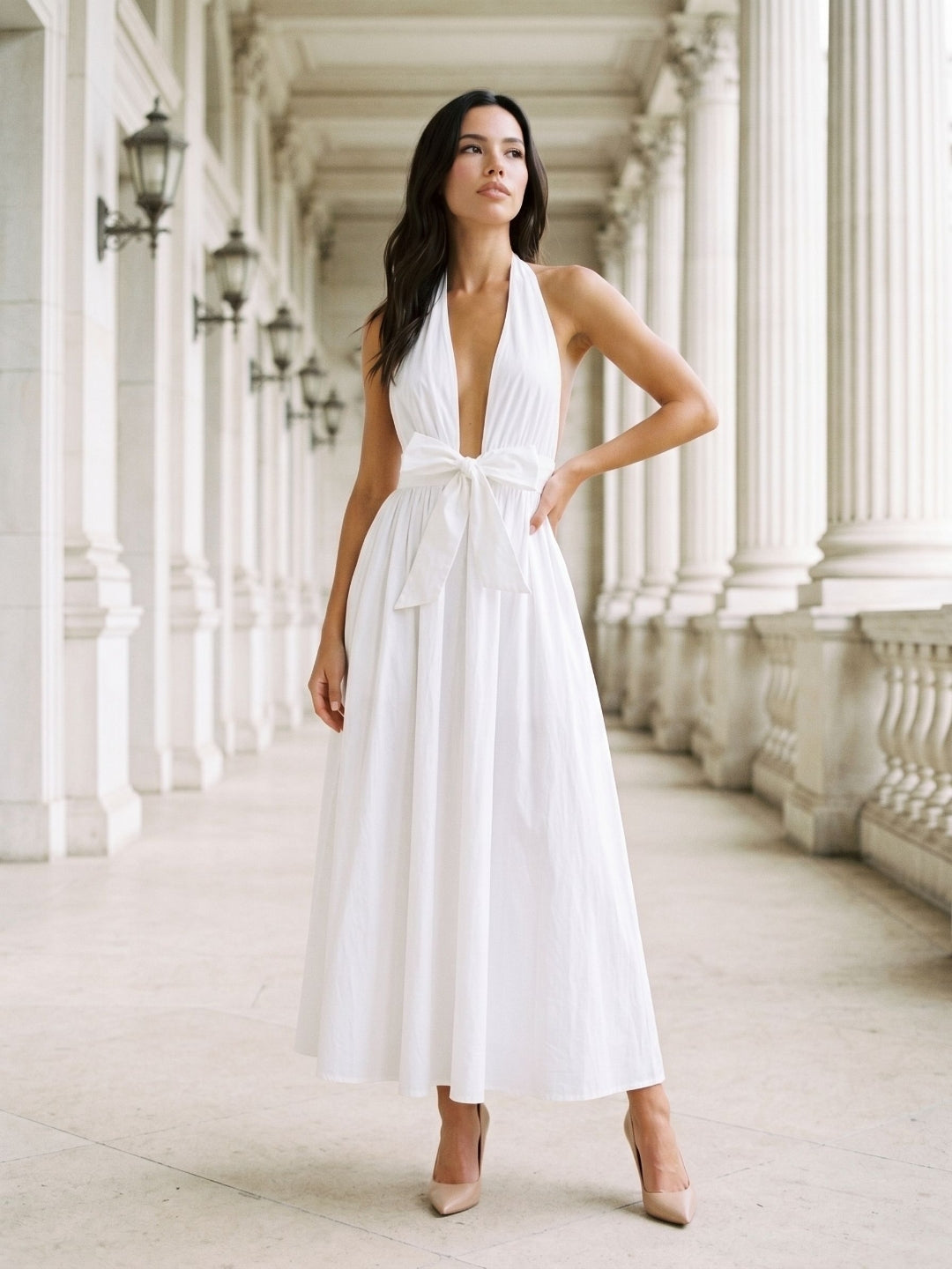White Matte Satin A-Line Halter Neckline Backless Ankle-Length Dress - Curvevia