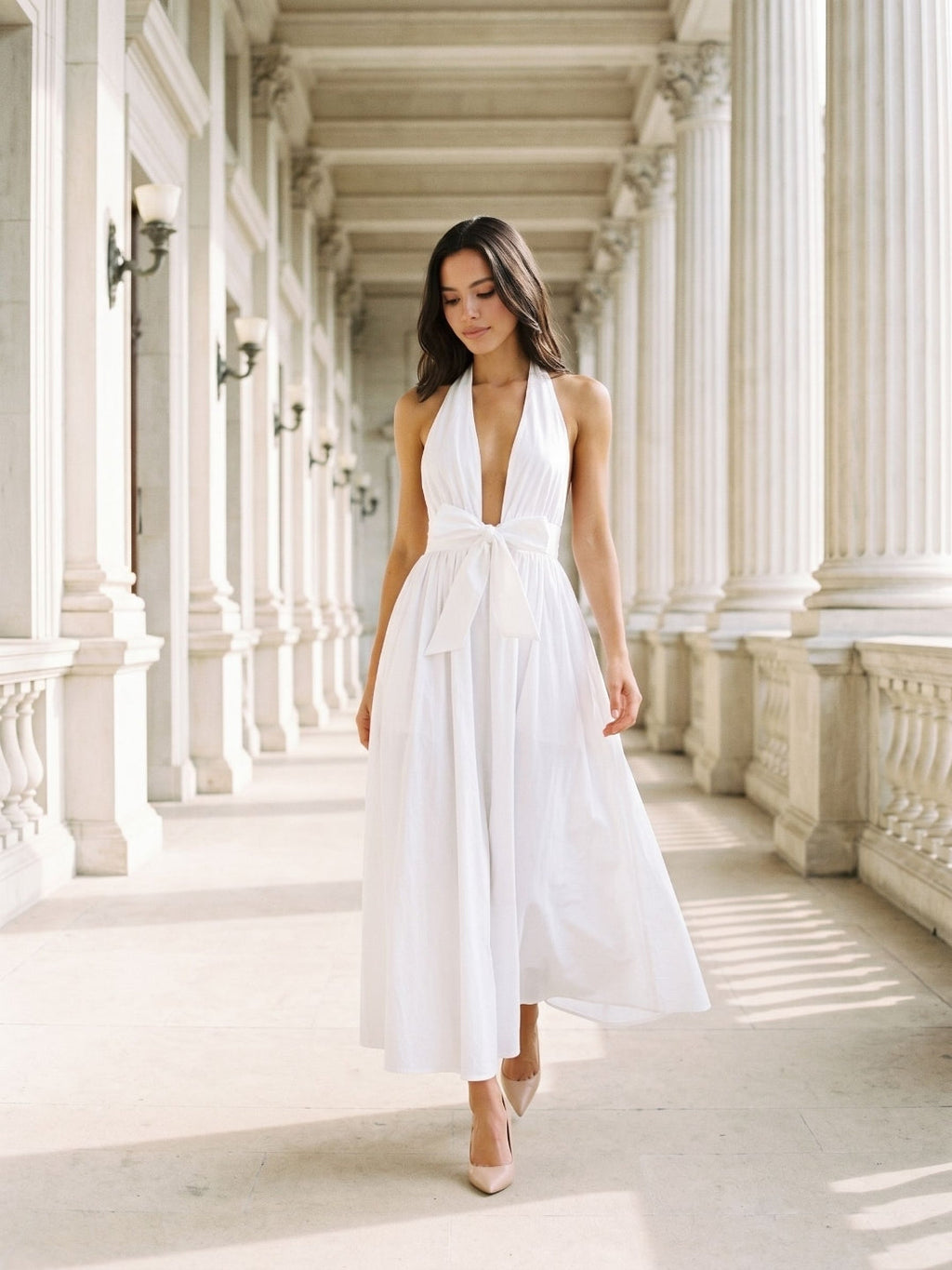 White Matte Satin A-Line Halter Neckline Backless Ankle-Length Dress - Curvevia