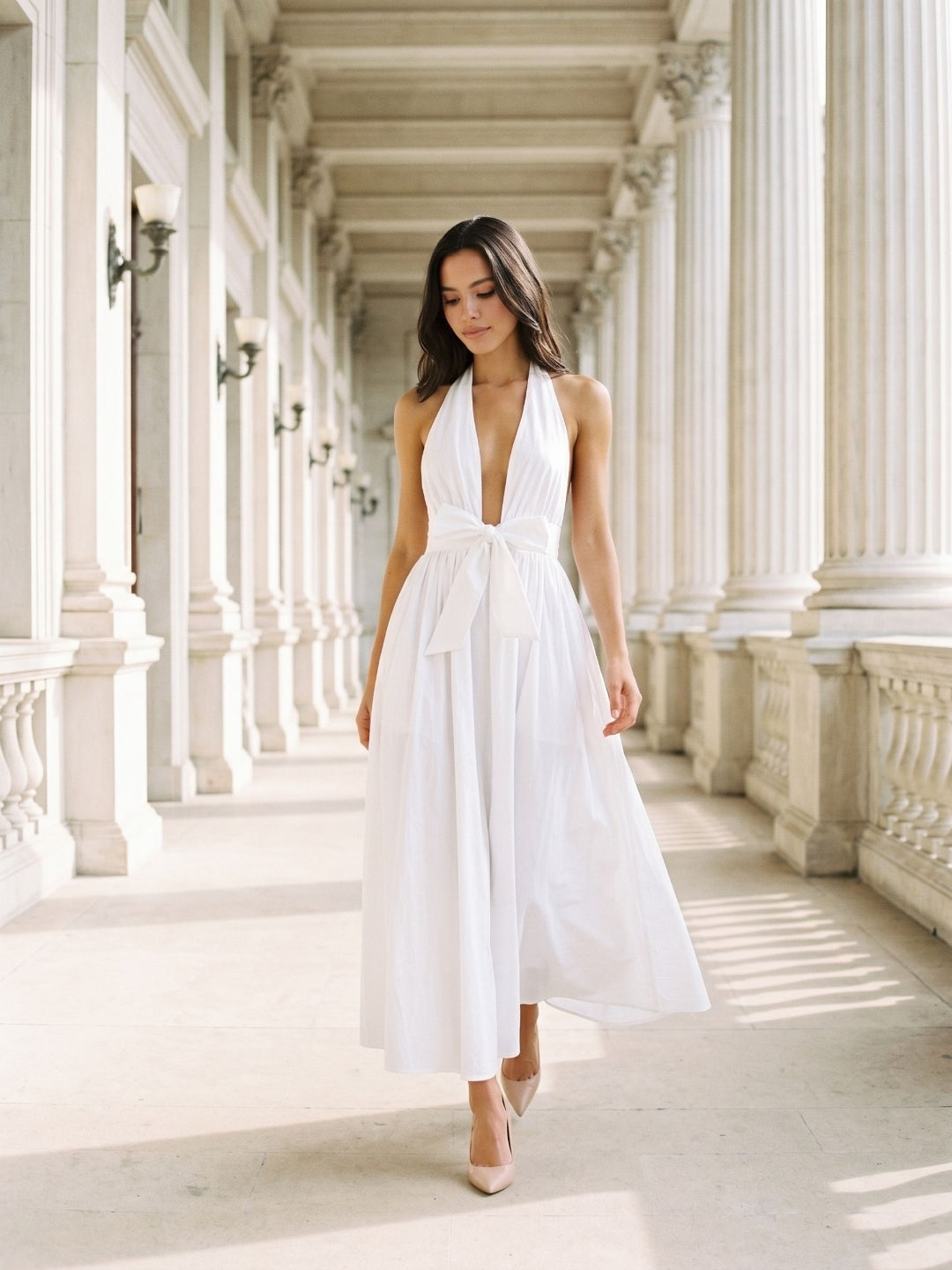 White Matte Satin A-Line Halter Neckline Backless Ankle-Length Dress - Curvevia