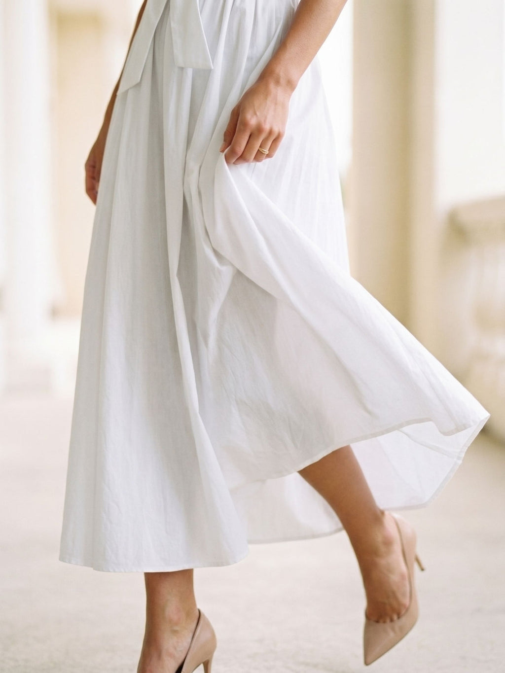 White Matte Satin A-Line Halter Neckline Backless Ankle-Length Dress - Curvevia