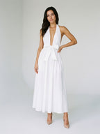 White Matte Satin A-Line Halter Neckline Backless Ankle-Length Dress - Curvevia