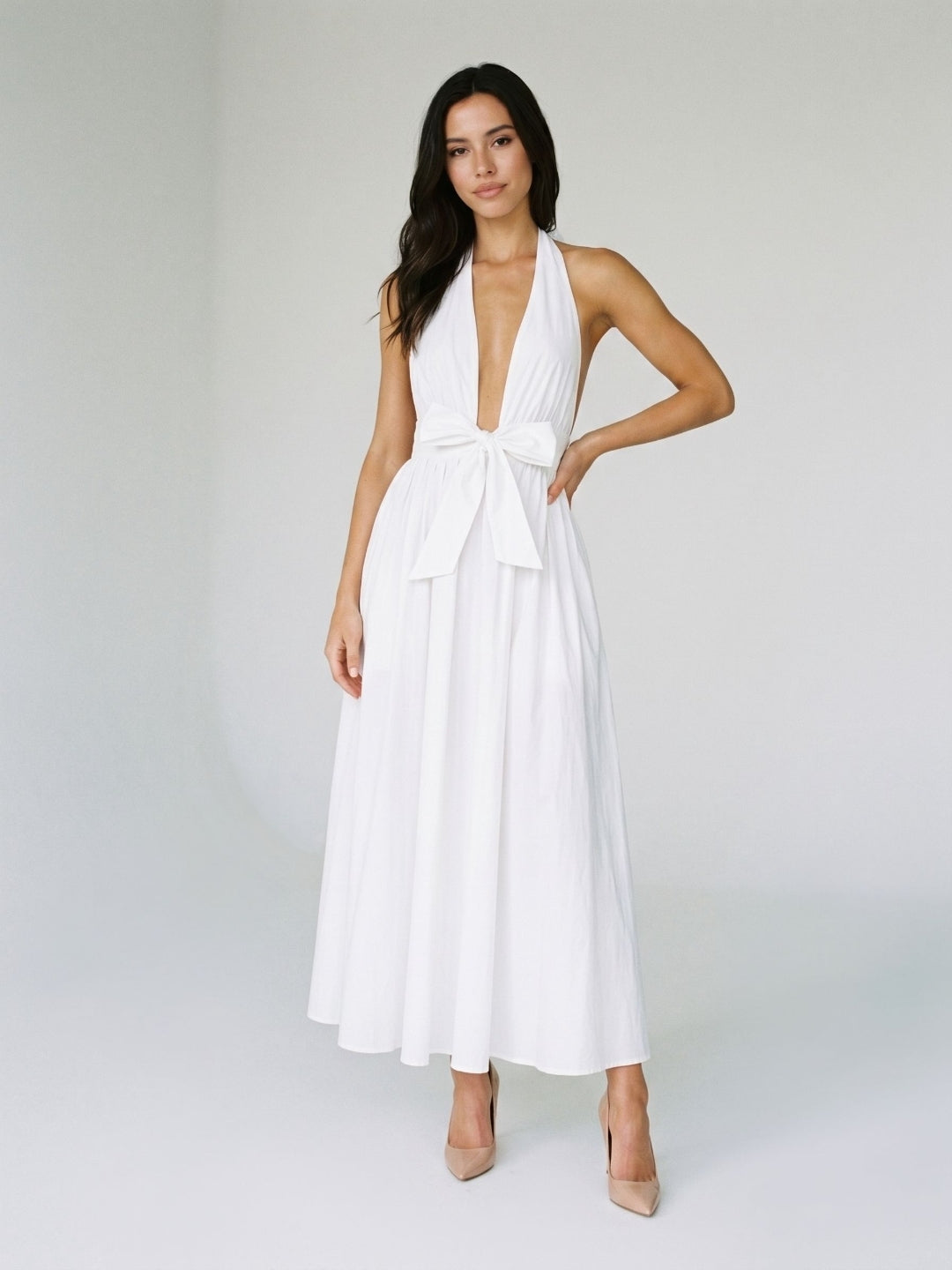 White Matte Satin A-Line Halter Neckline Backless Ankle-Length Dress - Curvevia
