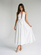 White Matte Satin A-Line Halter Neckline Backless Ankle-Length Dress - Curvevia